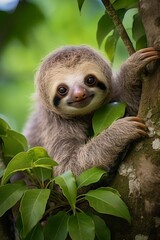 Poster - Smiling sloth peeking through leaves in tropical forest