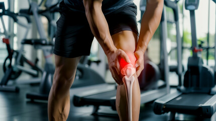 man suffering from knee pain at the gym - muscle aches and joint pain concept