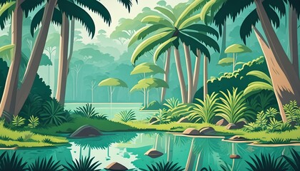 Wall Mural - jungle forest with trees and pond cartoon background illustration of tropical landscape