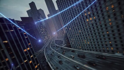High Speed Internet Rays Passing Through Busy Downton Aerial Shot At Dusk 5g High Speed Financial Transactions High Tech Urban Area