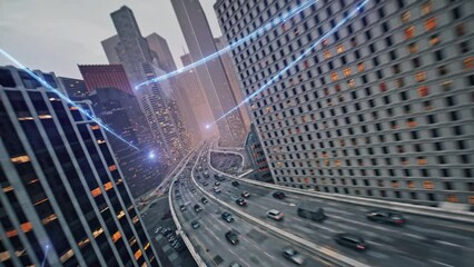 Fast Data Transfer Optical Rays Passing Through Busy Downtown Urban City FPV Aerial Shot At Dusk High Speed Communication Automation Financial District