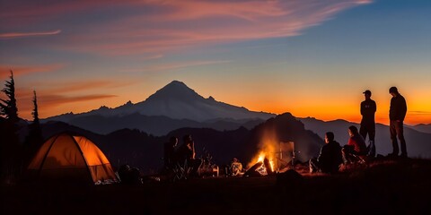 Silhouette friends gather around campfire with camping tent against night sky, copy space