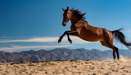 Wall Mural - a brown horse is mid air leaping energetically