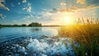 sunset over the river with water splash 
