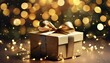 © Yesenia - christmas card merry christmas and happy new year 2024 beautiful gift box and golden bokeh lights
