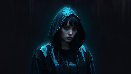 Cinematic hooded woman in a raincoat