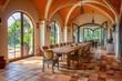 © ChaoticMind - Expansive dining area with terracotta tiles, arches, wooden table, hanging lanterns, and panoramic garden views