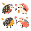 Four cute cartoon hedgehogs illustrated various poses autumn leaves flowers. Colorful childrens book illustration featuring playful hedgehogs. Graphic design showcasing different hedgehog