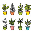 Handdrawn colorful potted plants, collection different species cartoon botanical decor. Houseplants assorted pots, indoor greenery, home decoration elements. Vibrant doodle style flora