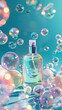 glass bottle of perfume with bubbles flying around 