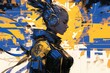 A dynamic illustration of an attractive female warrior with cyberpunk elements, featuring blue and yellow accents on her head armor