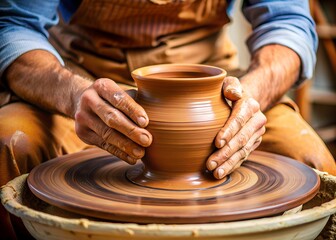 Close-up of a skilled potter's hands shaping a clay pot on a spinning pottery wheel