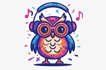 Charming cartoon owl with headphones and musical notes, radiating joy and a passion for music in a lively illustration