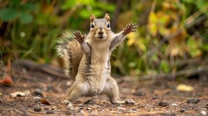 Funny squirrel standing on two legs with one paw up