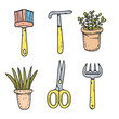 Handdrawn gardening tools plants colorful doodle sketch style. Gardening theme paintbrush, hammer, scissors, rake, potted herbs, grass isolated white background. Cartoon plants growth garden care