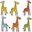 Six colorful cartoon giraffes standing, various patterns colors, cute wildlife characters. Childrens book illustration, playful animal drawings, vibrant cartoon giraffes. Friendly giraffes