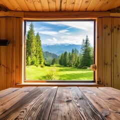 Rustic wooden table placed inside a wooden cabin with a scenic view through the window, projecting calmness