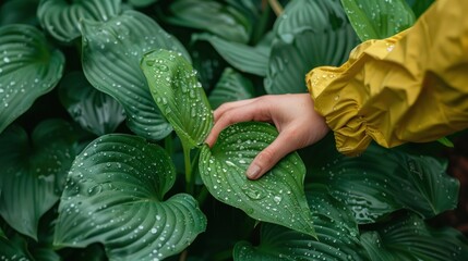 Wall Mural - Woman touching green hosta leaves with raindrops.