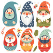 Set six colorful gnome characters whimsical designs cheerful faces, surrounded nature elements such leaves flowers, gnome has unique hat outfit pattern, featuring shades teal, orange, green, red