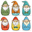 Set six colorful garden gnomes, distinct hats beards, whimsical fantasy illustration. Cartoon dwarf characters red, green, blue, orange attire, cheerful magical gnome collection. Cute gnome figures
