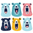 Six cartoon bears expressing different emotions, colorful cute bear illustrations, smiling yawning bear faces, heads various expressions, stylized roaring happy bears, pastel blue pink yellow