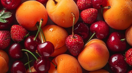 Wall Mural - Ripe tasty berries apricot, sweet cherry, strawberry close up. Top view