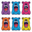 Six cartoon bears colorful roar cheerful illustration. Various colors purple, blue, pink, orange, yellow, graphic style. Cartoon bears happy jaws hearts eyes, playful characters set, kids design