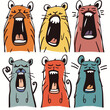 Six cartoon bears expressing various emotions through facial expressions. Colorful bear heads yawn, cry, laugh, exhibit emotions handdrawn style. Emotional bears cartoon set separated white