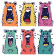 Colorful cartoon animals yawning food mouths, six humorous handdrawn yawning faces. Expressive cartoon yawn illustrations, pastel colors, animal comic characters sleepy snacks. Funny animals, style