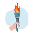 Burning torch flame in hand. Hand holding fire torch. The Olympic Flame.  Symbol of competition victory, relay race, champion, winner. Vector isolated illustration