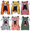 Six cartoon bears yawning open mouths closed eyes. Vibrant colors, handdrawn style, expressions convey tiredness boredom