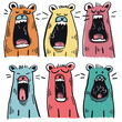 Six cartoon bears different expressions, colors, creative kids illustration. Bears roaring, funny bear faces, cute handdrawn bear characters. Vibrant, playful, animal emotion depiction, stylized art