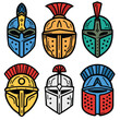 Six different medieval knight helmets illustrated vibrant colors, helmet features unique designs plumes crests. Collection historical armor character design