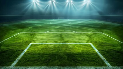 Wall Mural - Football stadium arena for match with spotlight. Soccer sport background, green grass field for competition champion match.