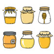 Bright honey jars set handdrawn doodle style different lids decorations. Organic natural honey variety collection glass containers fabric tops. Sweet food preserve vector illustration isolated white