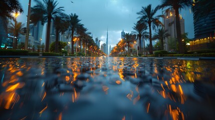 Wall Mural - View Of The City Flooded Streets During Rain, City Street in the Rain, A Beautiful View of Rain, Traffic and Flood, Vibrant Street View