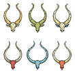 Set six colorful antler illustrations, artistic design. Various hues outlined antlers, multiple antler shapes colors. Wildlife collection, drawing style, isolated white background
