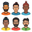 Six diverse Indian men portraits, man wears traditional headgear, bindi mark forehead, ethnic attire, headshot showcases unique hairstyle, bearded facial expression, colorful clothing representing