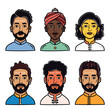 Set diverse Indian avatars, six people portraits, men women, different hairstyles, traditional modern attire. Ethnic Indian characters, bright colors, smiling, facial features, headshot, cultural