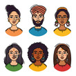 Set diverse cartoon faces, ethnic representation, colorful attire. Illustration features six individual portraits, ethnic diversity, smiling faces. Characters display cultural attributes through