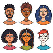 Six diverse cartoon portraits featuring Indian ethnicity. Top row male, beard, mustache female, updo female, blue hair, nose ring. Bottom row curly hair, earrings traditional attire, jewelry short
