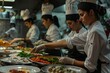 Chefs preparing dishes in a restaurant kitchen