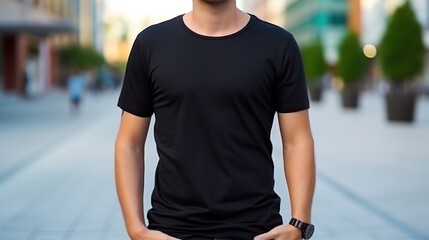 potrait man wearing casual black shirt standing outdoors. Front look. Retail concept. mock up
