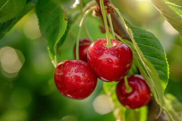 Wall Mural - Cherries hanging from a tree branch, a vibrant portrayal of fresh fruit for agricultural promotions, with ample copy-space