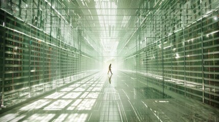 Wall Mural - A man is walking down a long, narrow hallway with a lot of glass