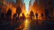 City Life at Dawn: Silhouettes of Successful Business Man and Woman Walking the Path of Success, Powerful Business Teams, Business Collaboration, Business Sun Rise 