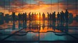 © PhotoMaster - Corporate Sunset: Business Man and Woman Professionals Overlooking City Skyline On Puzzle Floor, Powerful Business Teams, Business Collaboration