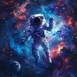 An astronaut in a spacesuit is floating in space. The astronaut is surrounded by stars and planets. The astronaut is wearing a helmet and a spacesuit. The astronaut is waving.