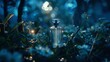 Mystical moonlit garden, a modern perfume bottle rests in the center, blurred moonlight and foliage evoke a sense of magic
