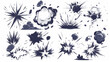 © Ahtesham - Cartoon explode effects. Speed comic explosive smoke, boom effect, air motion steam energy, lightning and sparks. Bang motion. Vector set 3D avatars set vector icon, white background, black colour ico